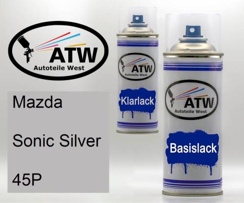 Mazda, Sonic Silver, 45P: 400ml Sprühdose + 400ml Klarlack - Set, von ATW Autoteile West.
